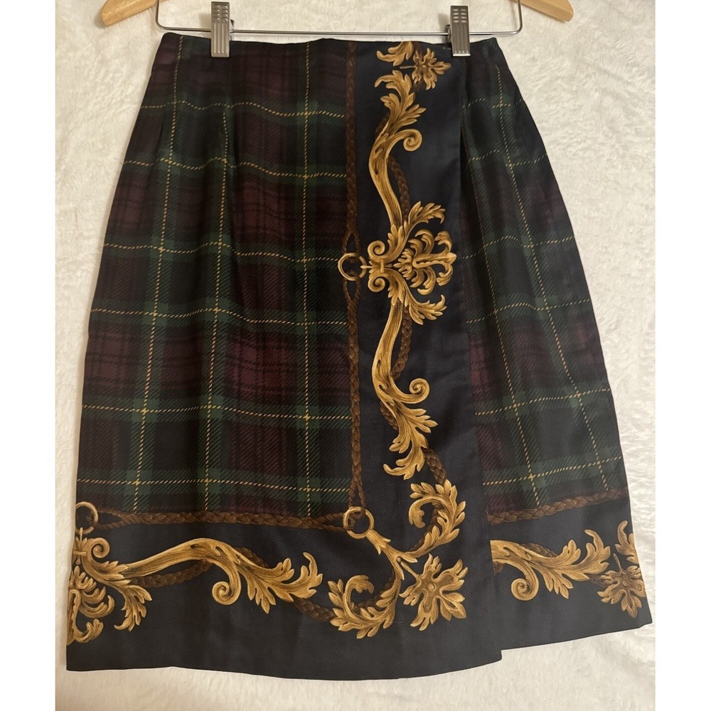 Brooks Brothers Green Gold Plaid Skirt Baroque Trim‎ Faux Wrap Size 2